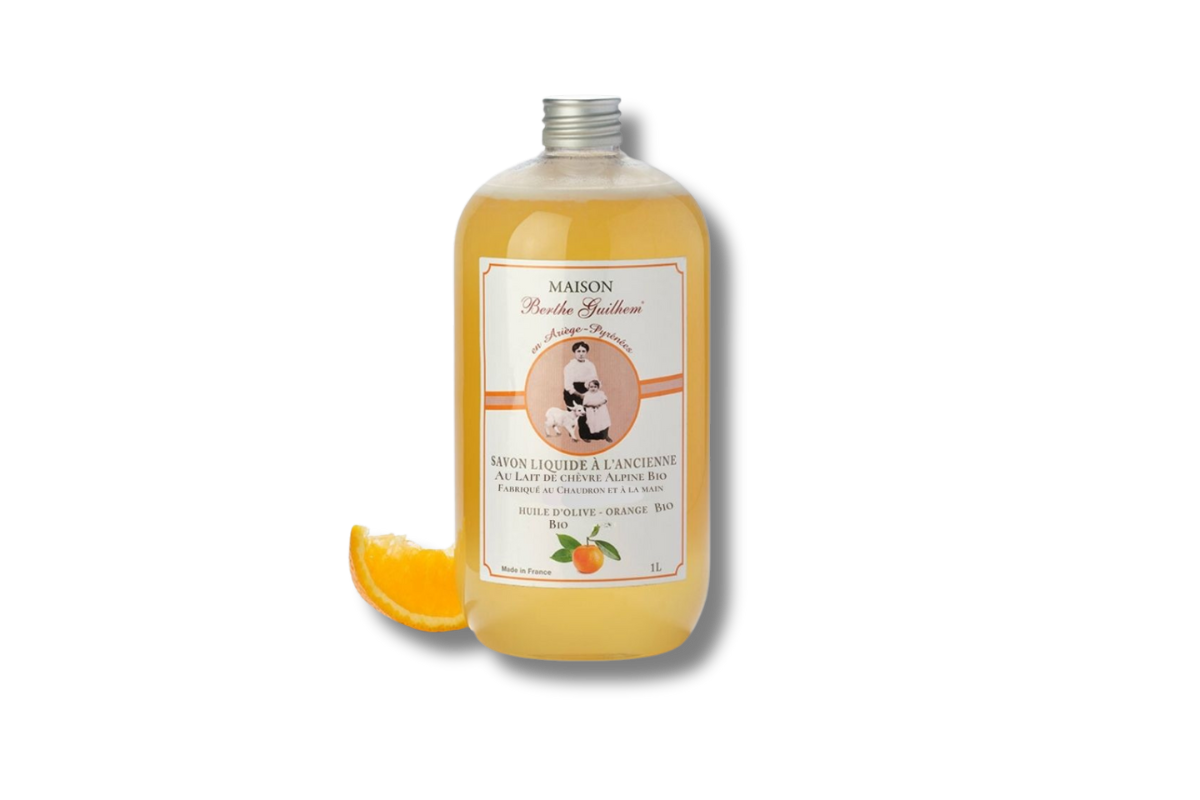 Savon liquide à l'ancienne lait de chevre orange bio huile d'olive 1 litre