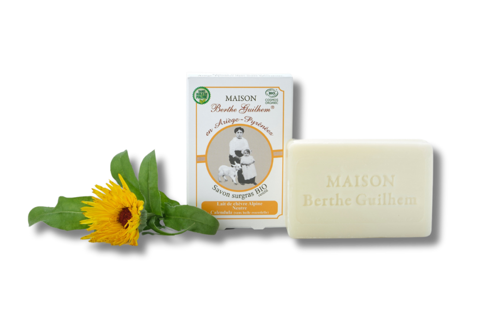 Savon certifié BIO sans huile de palme au lait de chèvre & huile de calendula