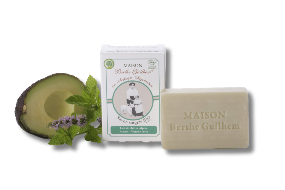 Savon lait de chèvre Avocat Menthe Verte certifié bio fait en France sans huile de palme Berthe Guilhem