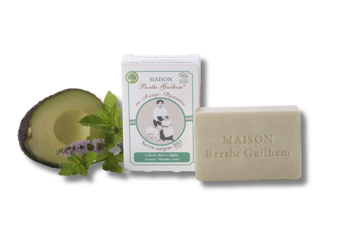 Savon lait de chèvre Avocat Menthe Verte certifié bio fait en France sans huile de palme Berthe Guilhem