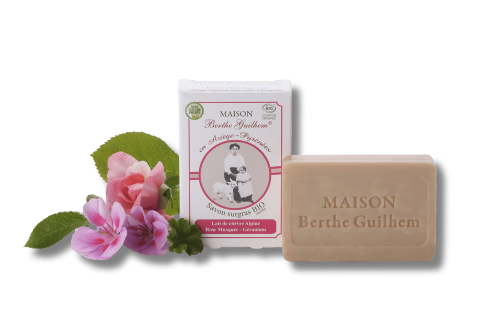 Savon lait de chèvre Rose Géranium certifié bio fait en France