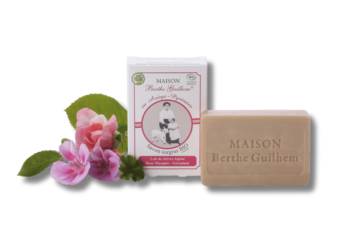 Savon lait de chèvre Rose Géranium certifié bio fait en France