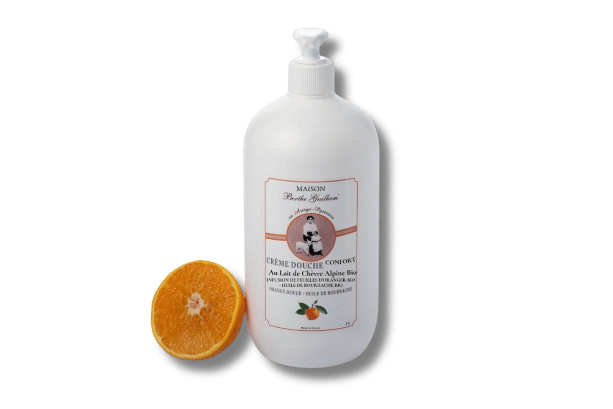 Crème douche Confort au lait de chèvre alpine bio Orange douce bio Huile de Bourrache bio 1 litre