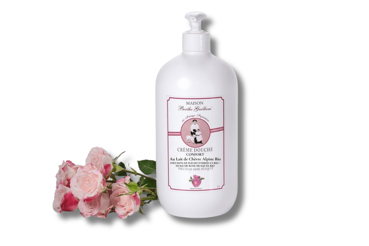 Crème douche au lait de chèvre alpine bio Infusion de fleurs d’hibiscus bio / Huile de Rose Musquée bio - Confort - 1 litre