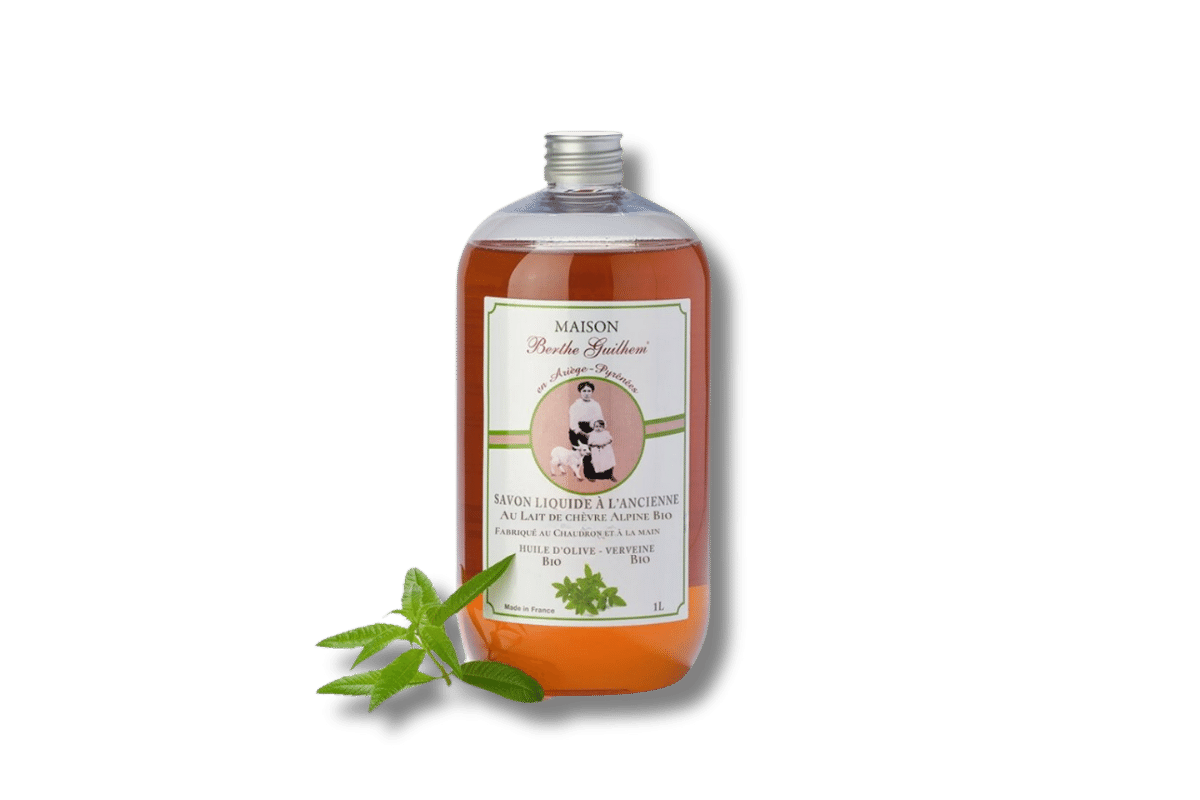 Savon liquide à l’ancienne au lait de chèvre alpine Huile d’olive bio – Verveine bio - 1 litre