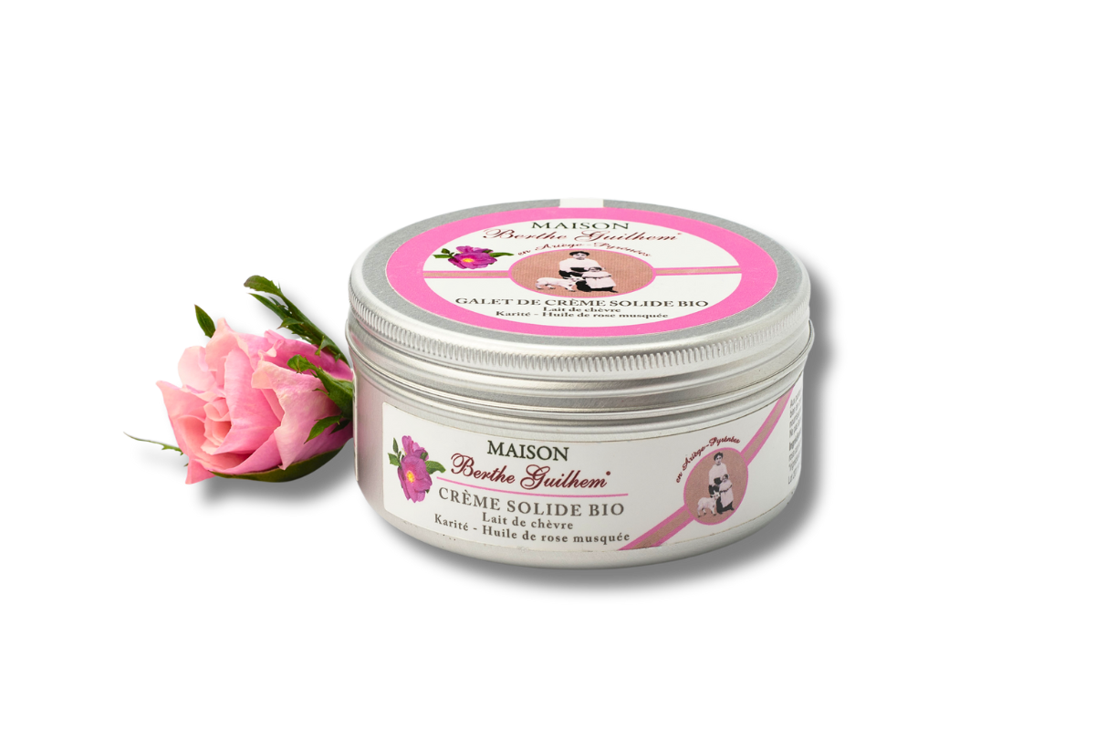 Galet de crème solide bio – Lait de chèvre / beurre de karité / Huile de rose musquée – Harmonisante Soins solides