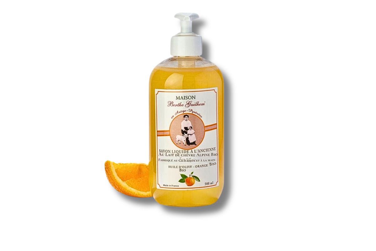 Savon liquide à l’ancienne au lait de chèvre alpine Huile d’olive bio – Orange bio 500ml